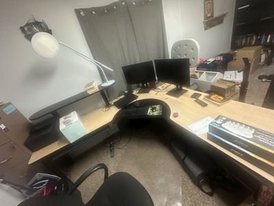 Commercial-Quality L-Shaped Corner Desk - 7ft Light Wood Laminate w/ Monitor Shelf