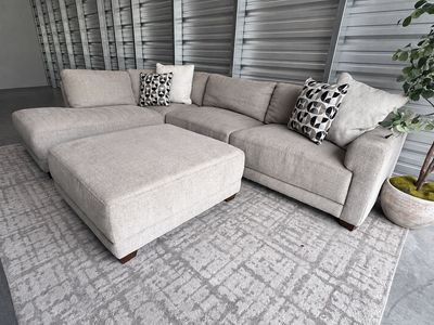 MODERN BEIGE 2 PIECE THOMASVILLE SECTIONAL + OTTOMAN — FREE DELIVERY