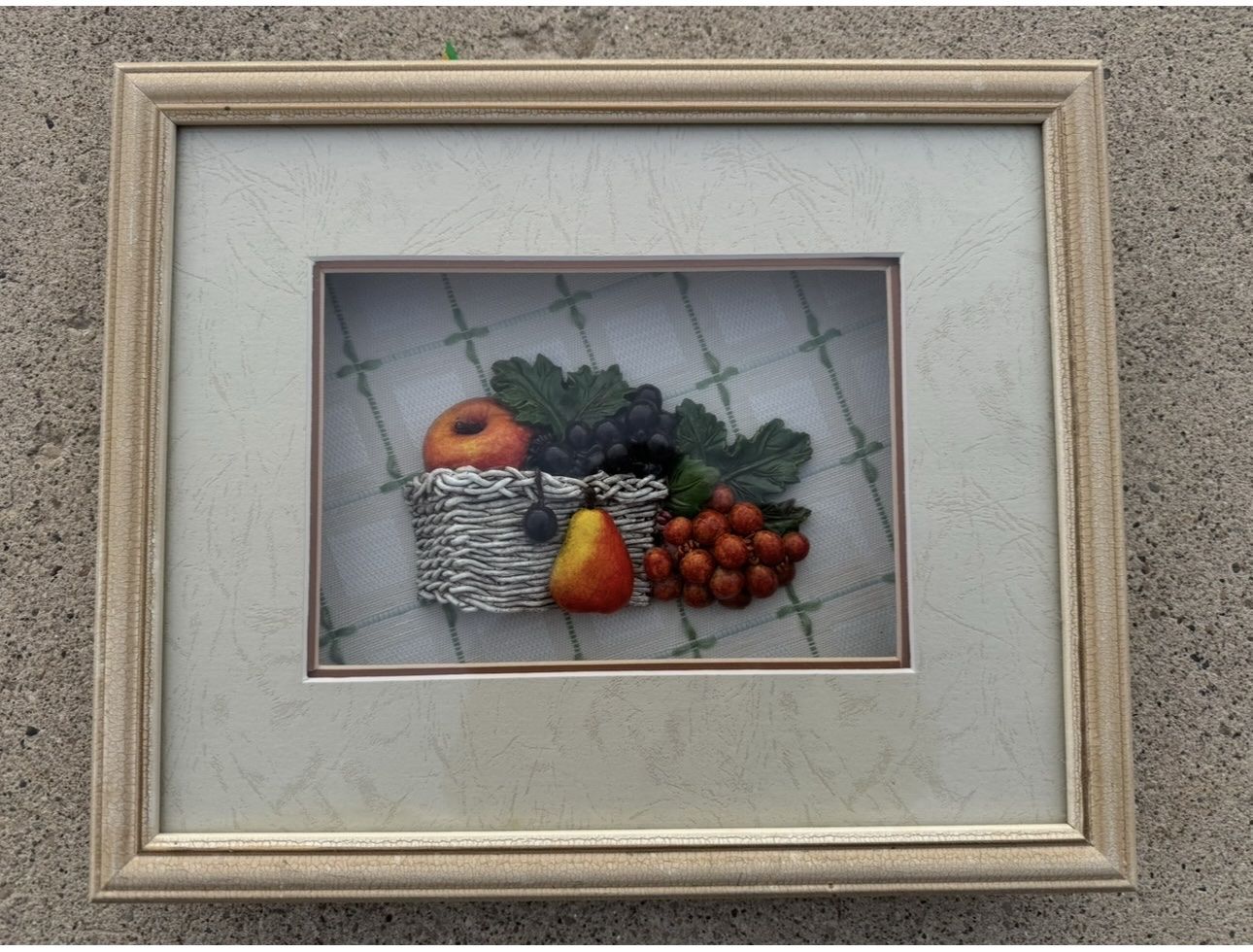Vintage Framed Fruit Basket Shadow Box Art Wall Decor 3D Apples Grapes Pear