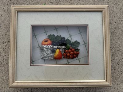 Vintage Framed Fruit Basket Shadow Box Art Wall Decor 3D Apples Grapes Pear