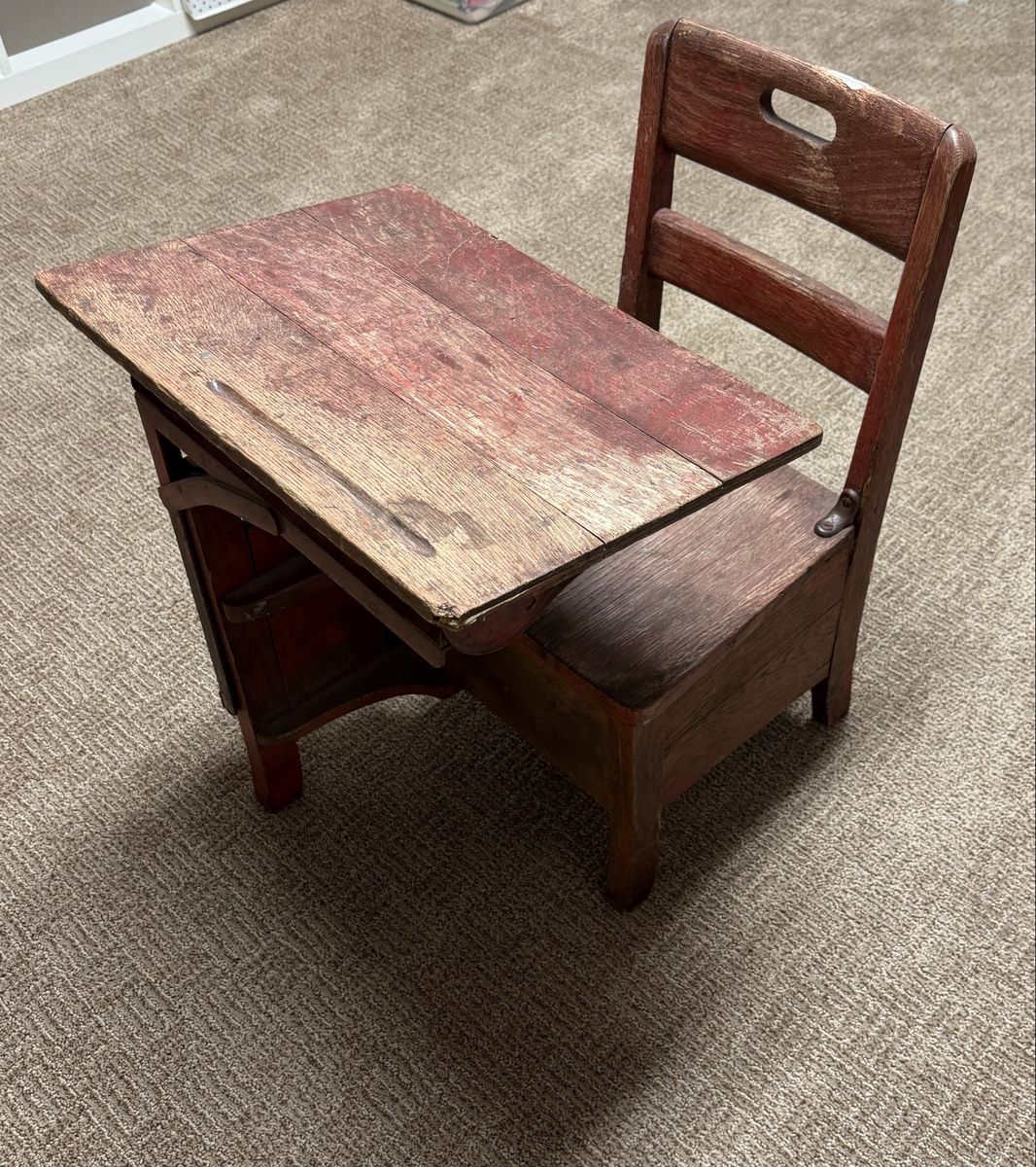 Vintage Child's Wooden School Desk & Chair - Red Patina Finish, Classic Student Furniture