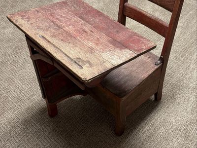 Vintage Child's Wooden School Desk & Chair - Red Patina Finish, Classic Student Furniture
