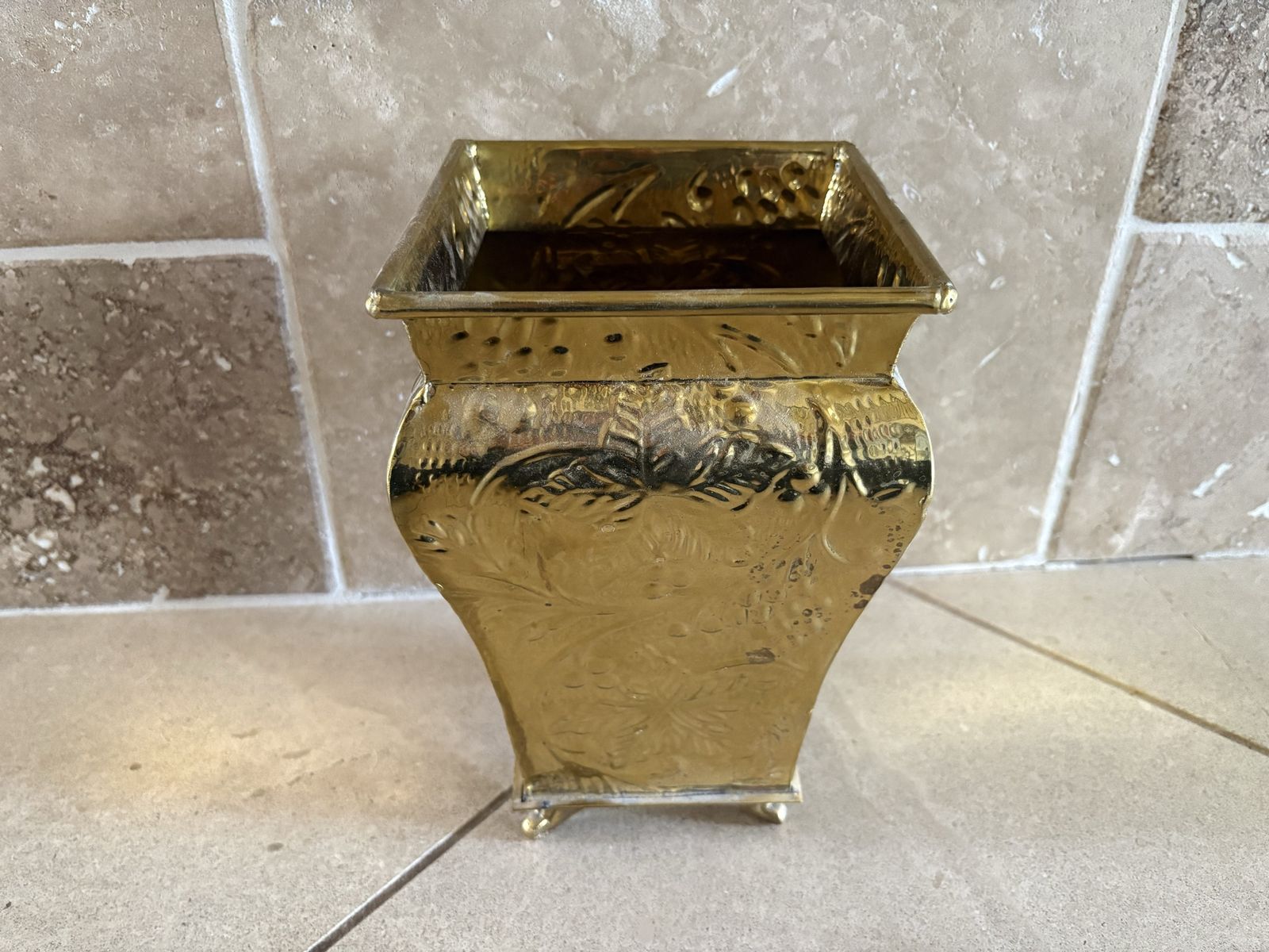 Square Brass Vase W/ Embossed Pattern