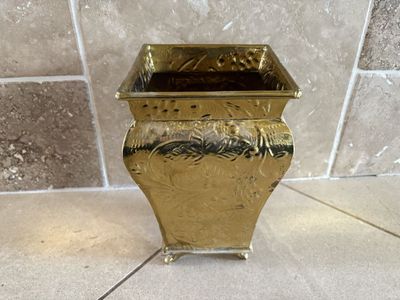 Square Brass Vase W/ Embossed Pattern