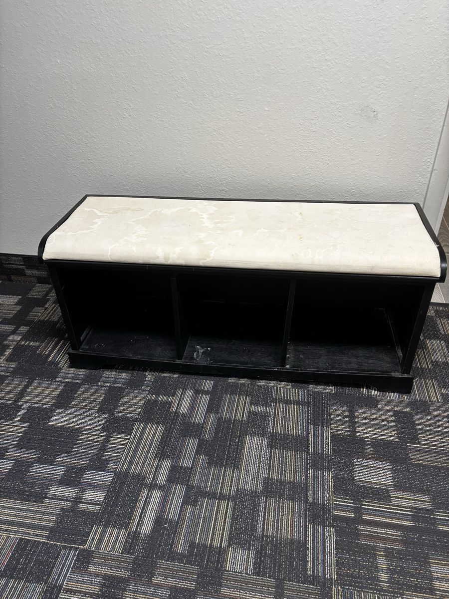 Black Wooden Storage Bench with White Upholstered Top and 3 Cubbies