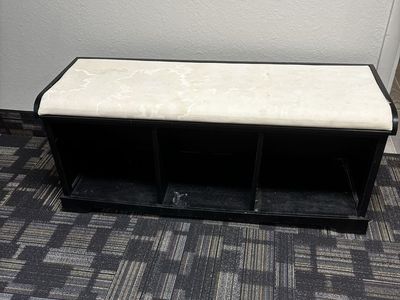 Black Wooden Storage Bench with White Upholstered Top and 3 Cubbies