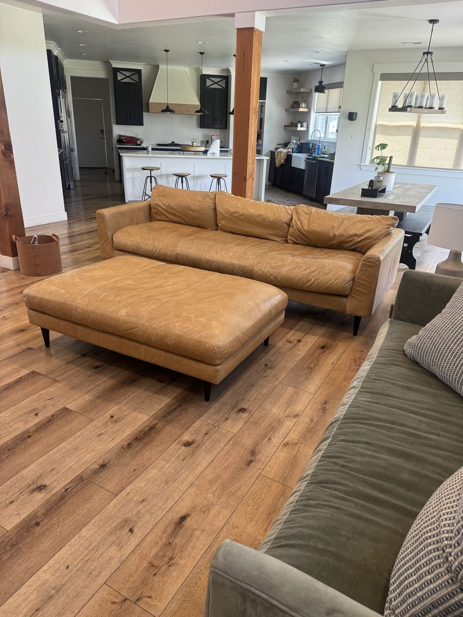 Downeast Tan Leather Sofa with Ottoman - Rustic Scratches, No Tears