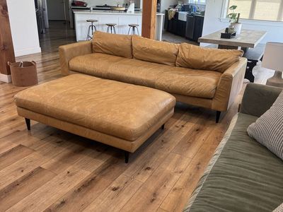 Downeast Tan Leather Sofa with Ottoman - Rustic Scratches, No Tears