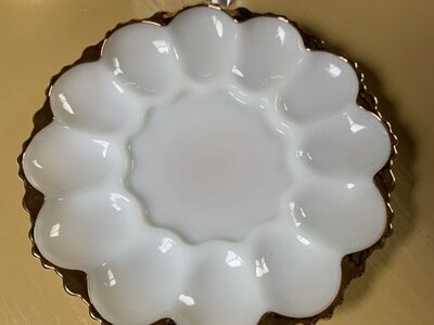 Vtg Gold Trim Milk Glass Egg Plate