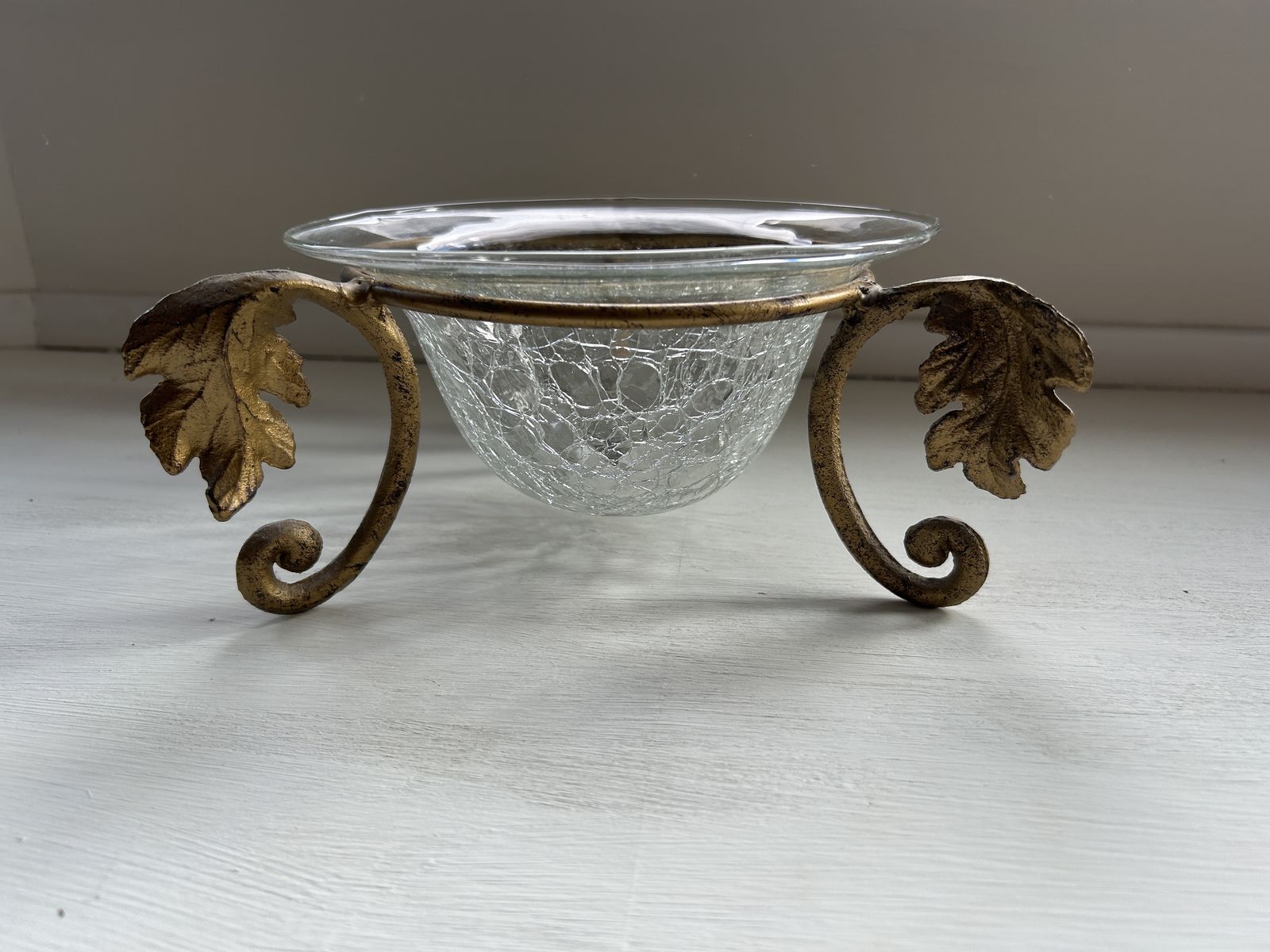 Vintage Crackle Glass Candle Holder / Decorative Bowl with Gold Leaf Metal Stand