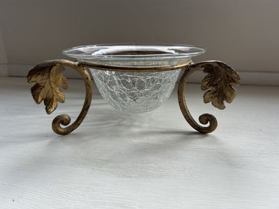 Vintage Crackle Glass Candle Holder / Decorative Bowl with Gold Leaf Metal Stand
