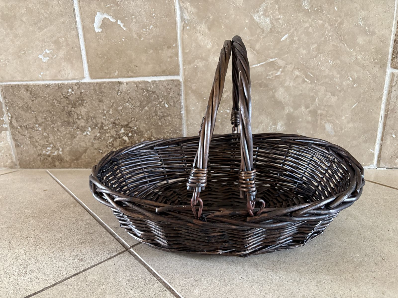 Dark Oval Weaved Basket W/ 2 Fold Down Handles