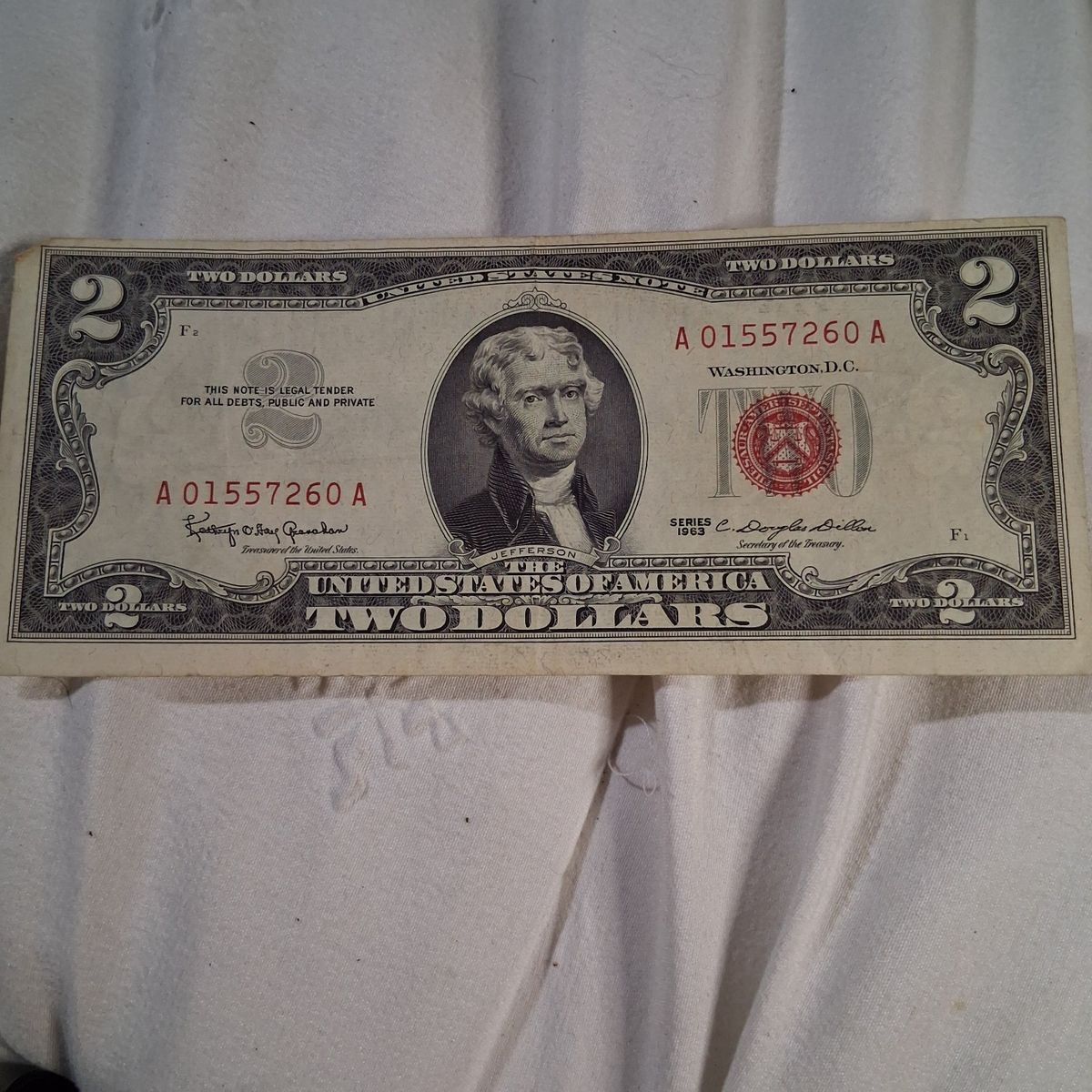 Vintage US Two Dollar Bill Series 1963 Red Seal United States Note