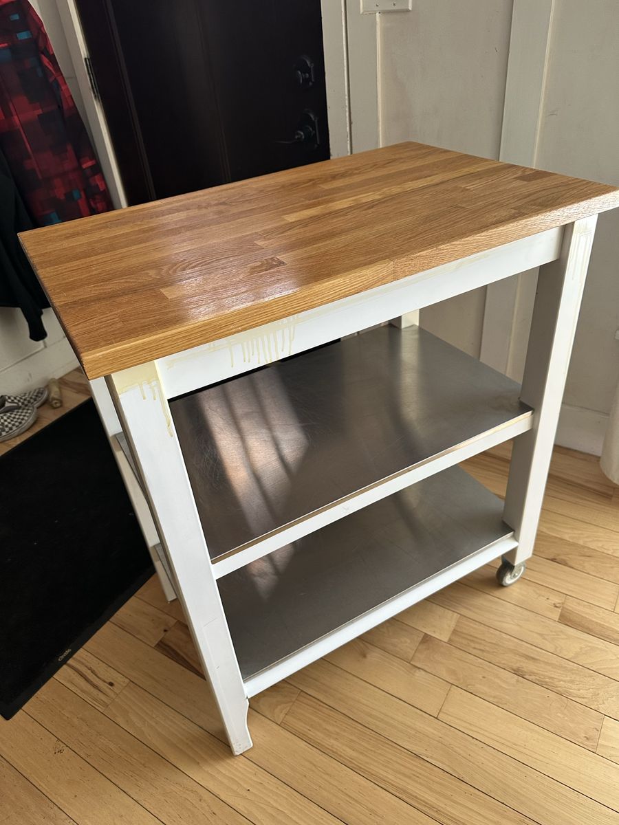 Wooden Butcher Block Kitchen Island Cart with Stainless Steel Shelves and Wheels