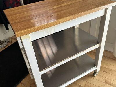 Wooden Butcher Block Kitchen Island Cart with Stainless Steel Shelves and Wheels