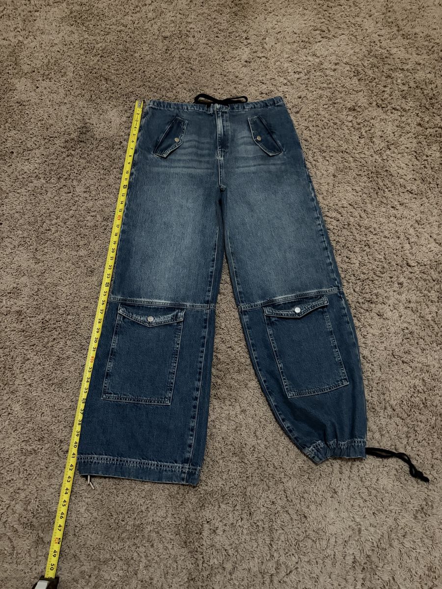 Unisex Blue Denim Wide Leg Cargo Jeans with Drawstring Waist and Ankles