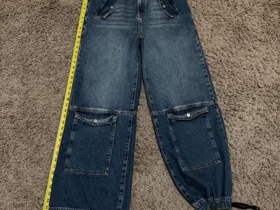 Unisex Blue Denim Wide Leg Cargo Jeans with Drawstring Waist and Ankles