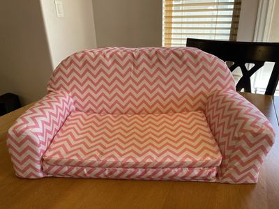 Doll Fold-Out Sofa - Pink Chevron Pattern or Solid Gray with white piping. Perfect for 18” dolls!