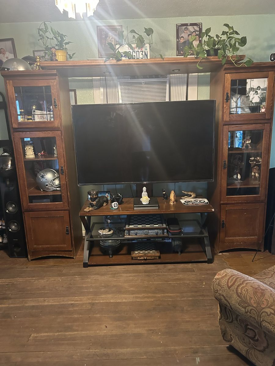 Large Wooden Entertainment Center TV Stand with Glass Cabinets - Brown, Good Condition
