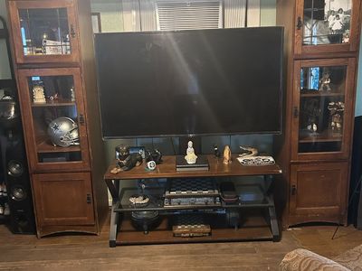 Large Wooden Entertainment Center TV Stand with Glass Cabinets - Brown, Good Condition