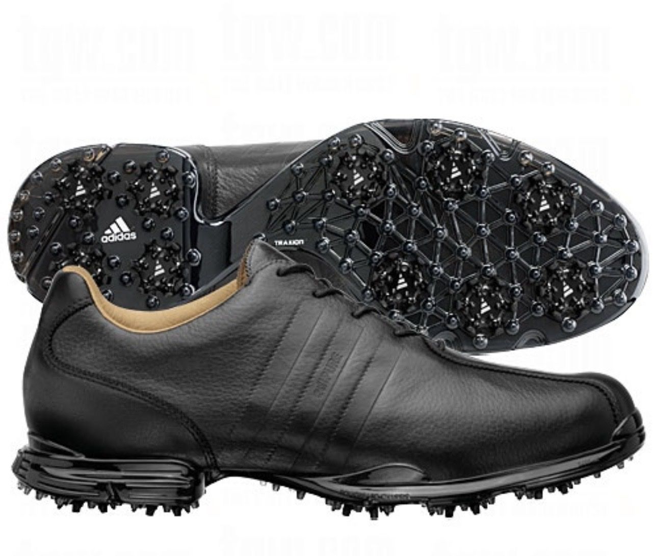 Adidas Adipure all-leather black golf shoes feature premium soft leather uppers, waterproof climaproof technology. Size 9.5