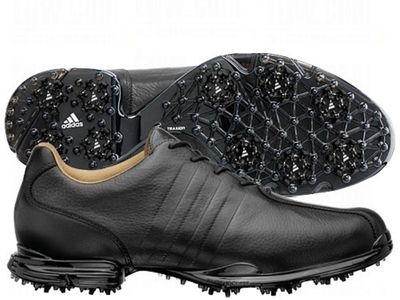 Adidas Adipure all-leather black golf shoes feature premium soft leather uppers, waterproof climaproof technology. Size 9.5