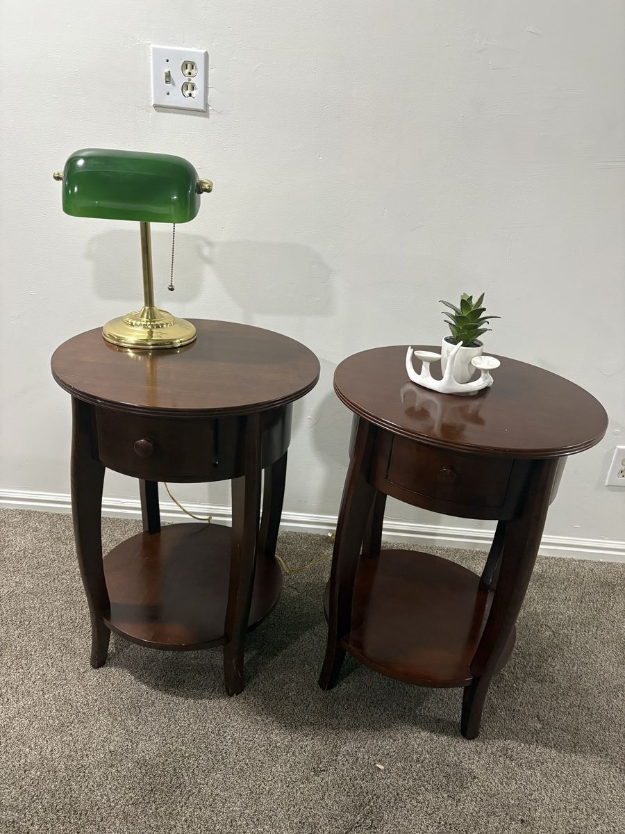 Pair Pottery Barn round Side Tables with Drawer and Lower Shelf - 26" High