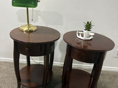 Pair Pottery Barn round Side Tables with Drawer and Lower Shelf - 26" High