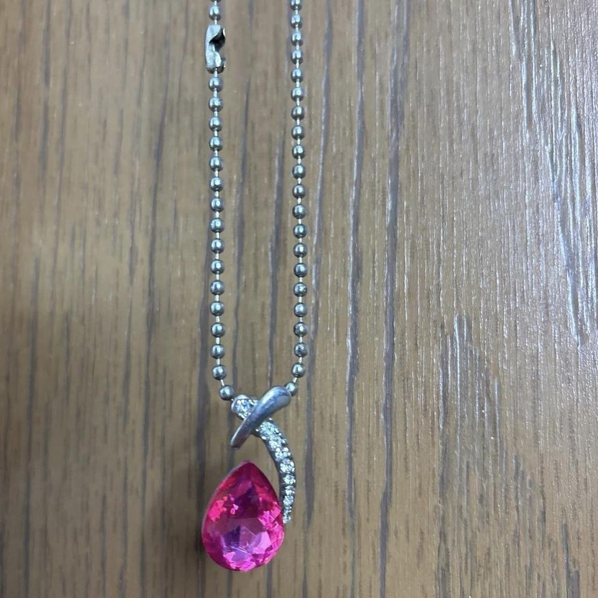 Elegant Pink Teardrop Crystal Pendant Necklace with Silver Ball Chain