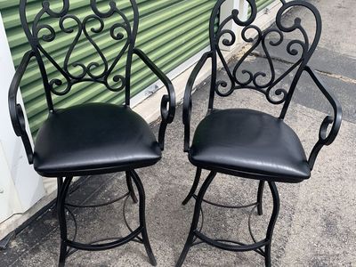 2 Black Swivel Bar Stools, Wrought Iron, Heart Scroll Back, Padded Faux Leather Seats