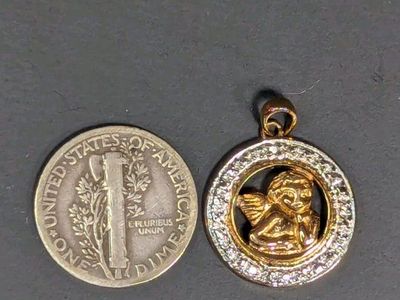 Gold-Tone Angel Cherub Pendant with Pave Rhinestone Halo - Religious Jewelry Charm. Russ Simon ,