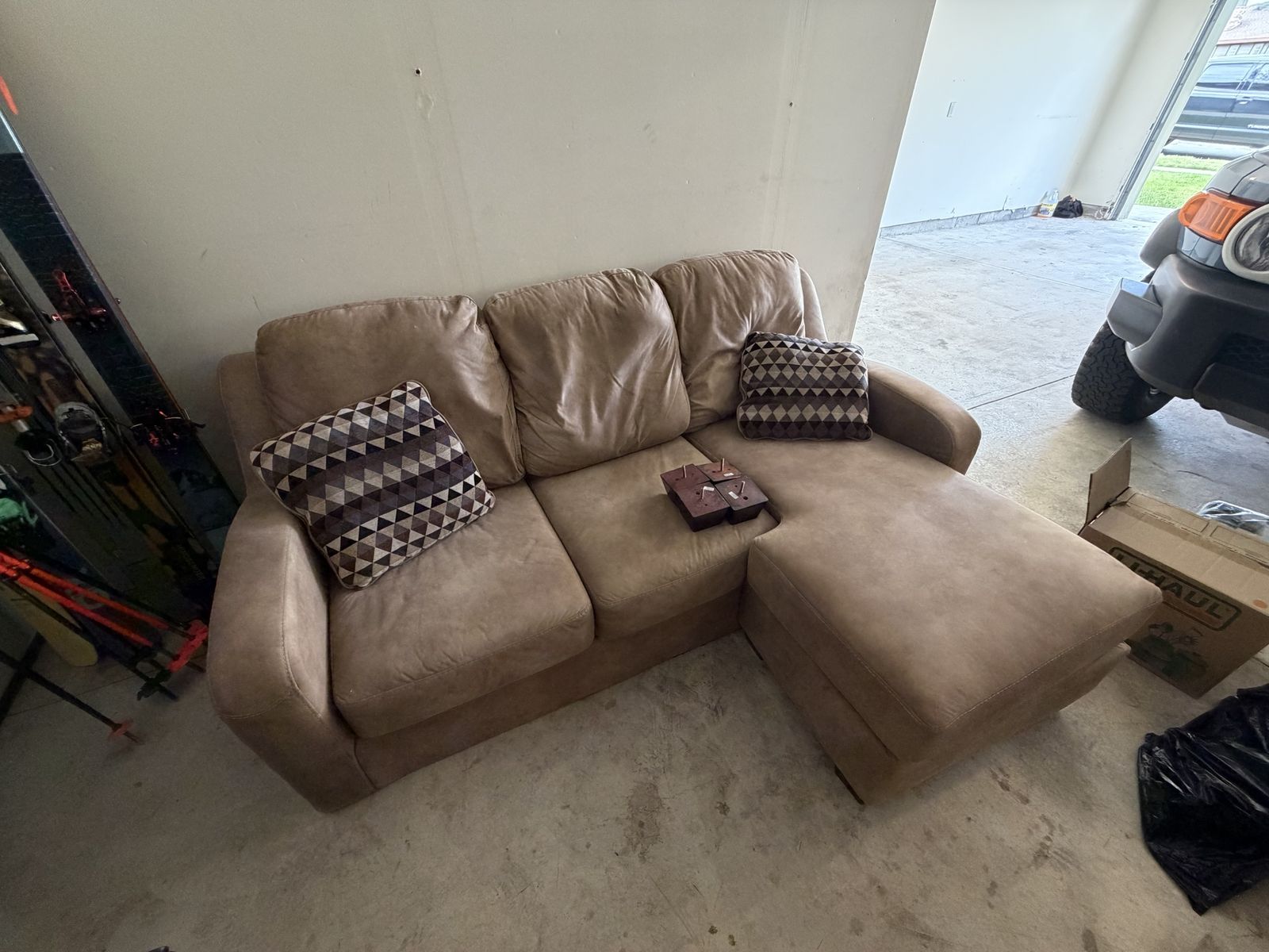 Used Beige Chaise Sectional Sofa Couch with Throw Pillows - Good Condition