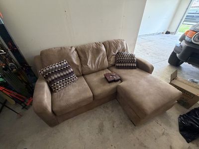 Used Beige Chaise Sectional Sofa Couch with Throw Pillows - Good Condition