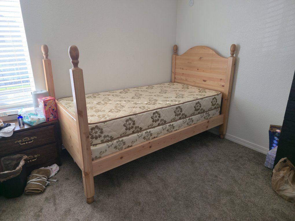 Solid Wood Twin Bed Frame & Mattress Set - Excellent Condition, Natural Finish