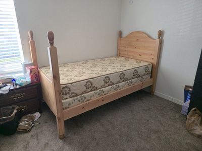 Solid Wood Twin Bed Frame & Mattress Set - Excellent Condition, Natural Finish