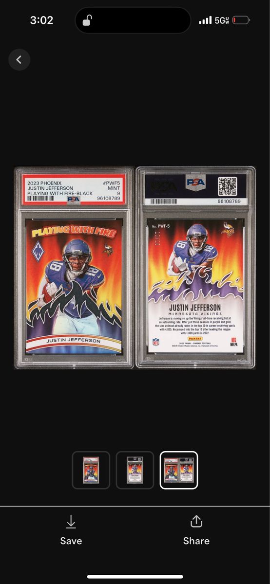 2023 Panini Phoenix Justin Jefferson Playing With Fire-Black #PWF5 Mint 9 PSA Graded Football Card