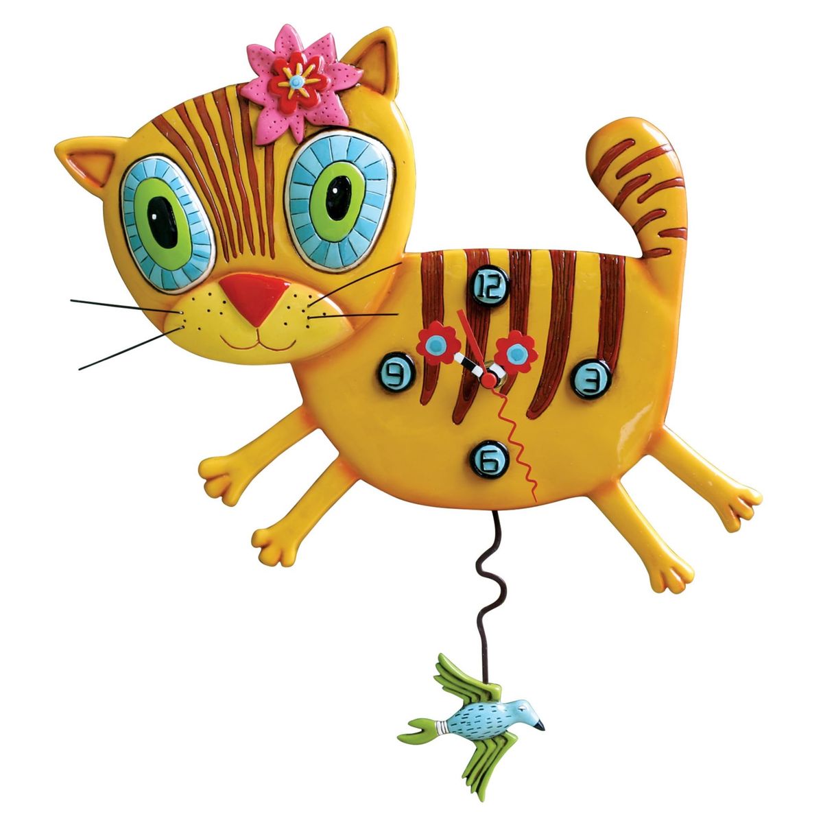 Enesco Allen Designs Kimi the Kitty with Flowers Sculpted Pendulum Wall Clock, 11.5 Inch, Orange