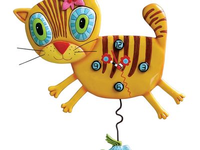 Enesco Allen Designs Kimi the Kitty with Flowers Sculpted Pendulum Wall Clock, 11.5 Inch, Orange