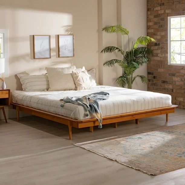 King size Walker Edison Mid Century Modern Solid Wood Platform Bed