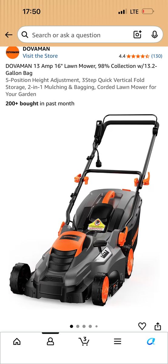 DOVAMAN 13 Amp 16" Lawn Mower, 98% Collection w/13.2-Gallon Bag