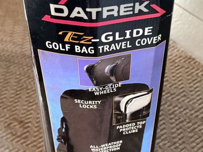 Datrek Ez-Glide soft-sided golf bag travel cover featuring easy-glide wheels for transport.