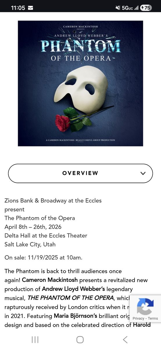 2 Tickets to Phantom of the Opera Wed. Apr. 15th @ 7:00pm at the Eccles Theater