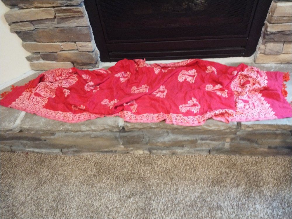 Red and Pink Paisley Pattern Scarf with Tassels