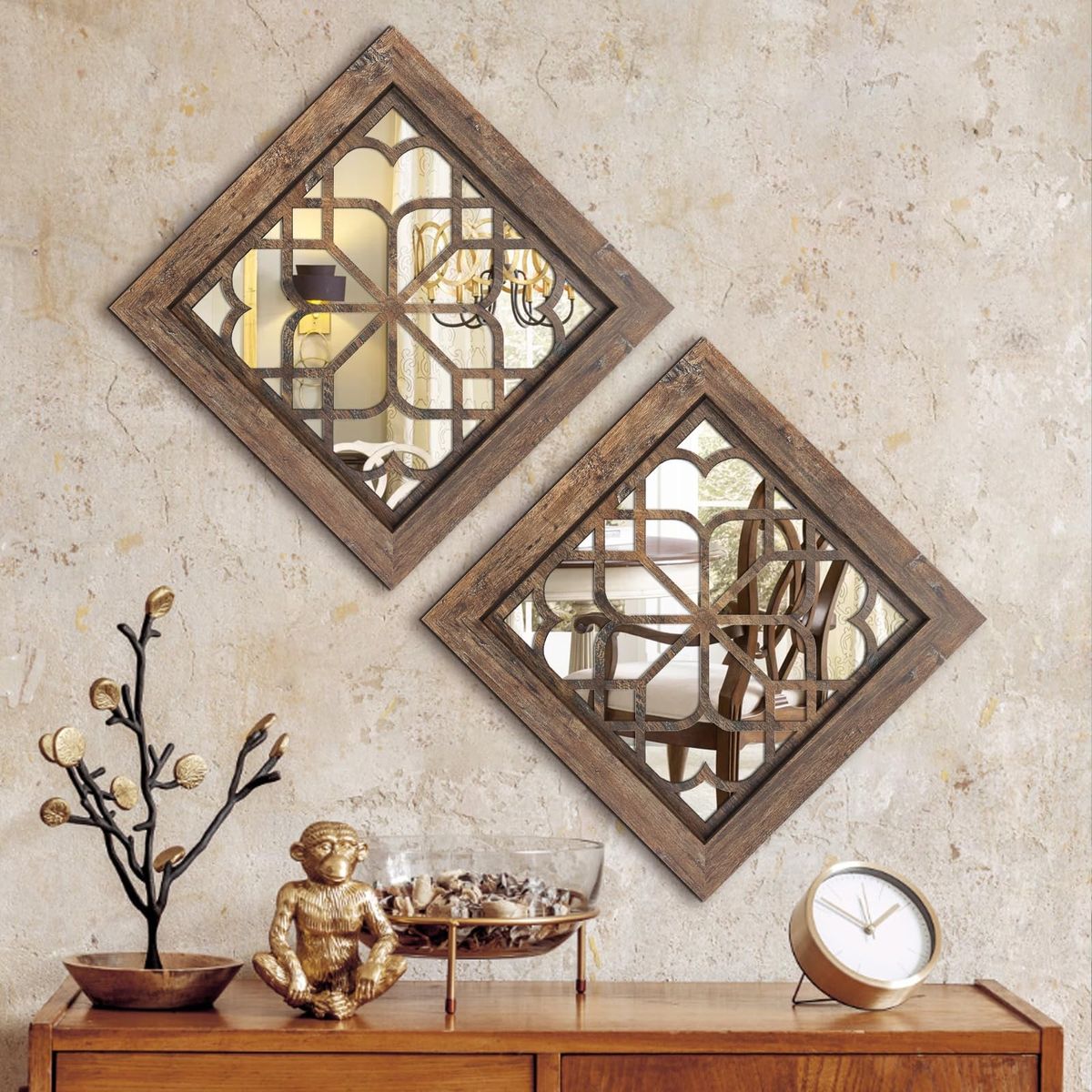 2-Pack Rustic Farmhouse Wall Mirrors - MDF Frame, Acrylic Mirror, 12” X12”Decor