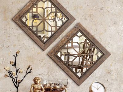 2-Pack Rustic Farmhouse Wall Mirrors - MDF Frame, Acrylic Mirror, 12” X12”Decor