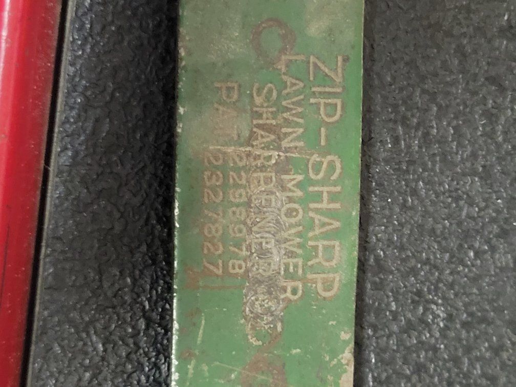 Vintage Zip-Sharp Lawn Mower Blade Sharpener - Green Metal, Patent 2327827