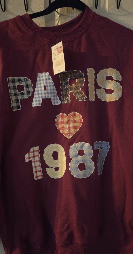 Sweatshirt "Paris 1987" Applique Burgundy & Pink "Awesome" 1/4 Zip Pullover