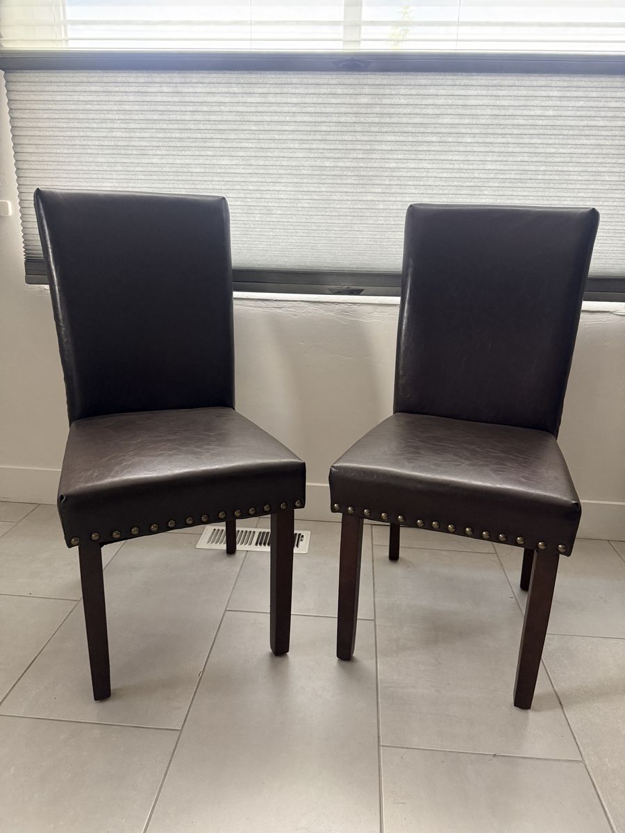 COLOMY Set of 2 Dark Brown Faux Leather Dining Chairs with Nailhead Trim