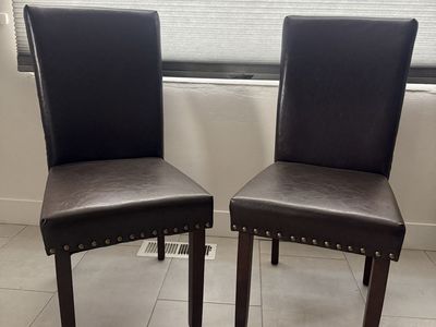 COLOMY Set of 2 Dark Brown Faux Leather Dining Chairs with Nailhead Trim