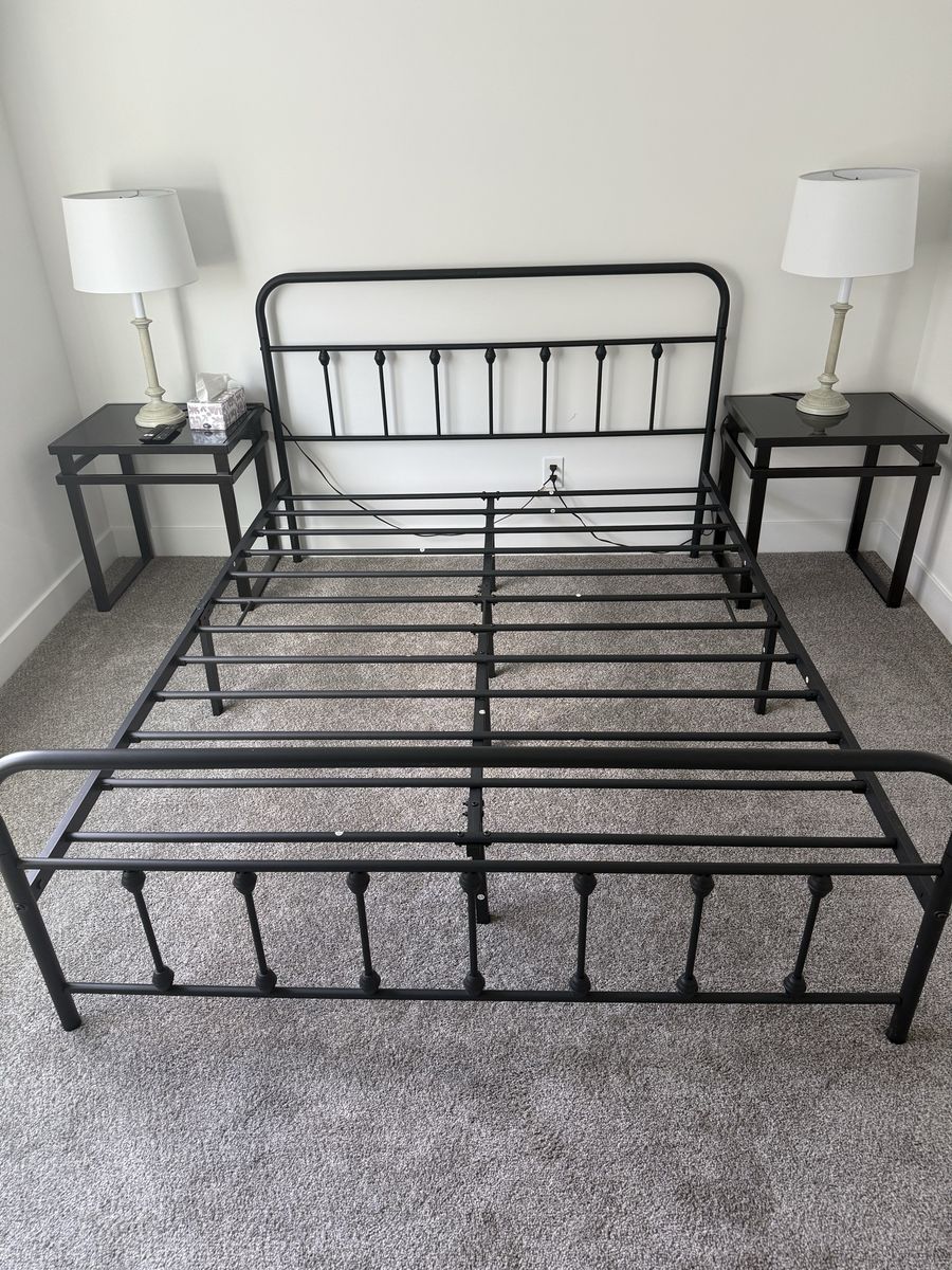 Black Metal Platform Bed Frame with Headboard and Slats Queen Size